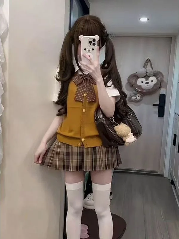 

Original Jk Uniform Knitted Open Cardigan Vest Waist Cinched Slimming Brown Plaid Skirt Fashionable Set School Style Workwear