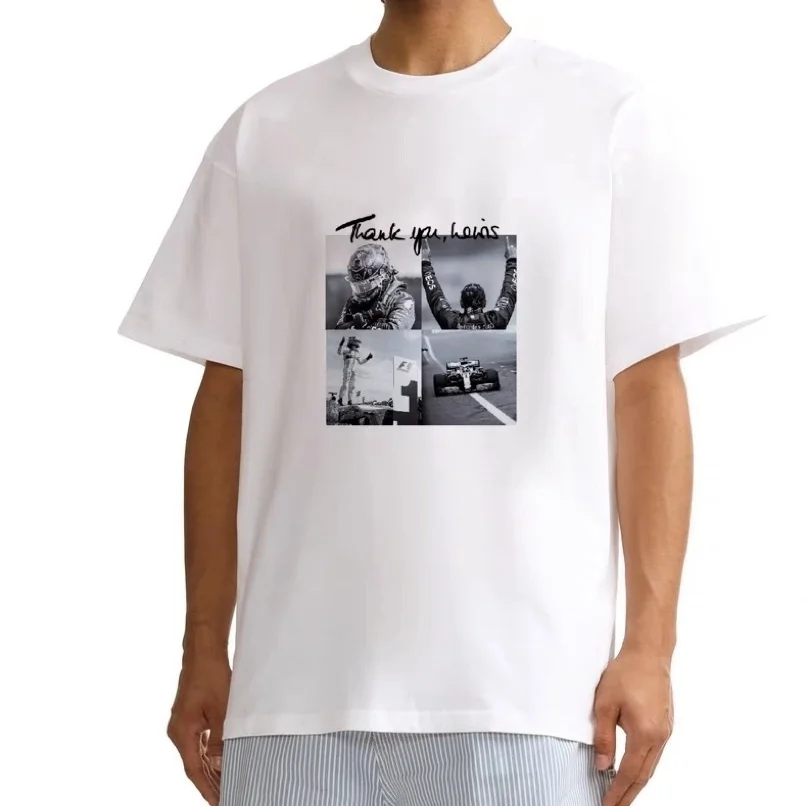 لويس هاميلتون F1 ميرش المتضخم قميص الصيف الرجال تي شيرت المتسابق الأعلى الكلاسيكية F1 قميص القطن الثقيل الرجال طاقم الرقبة الذكور تي شيرت #1