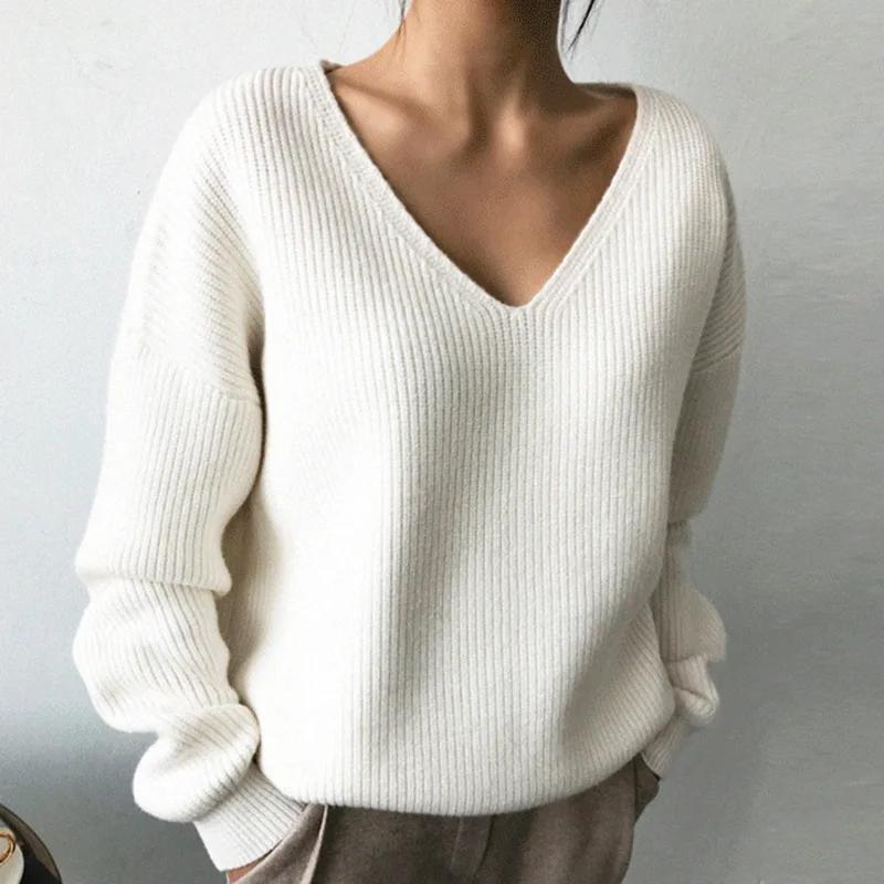 Autumn and Winter Women\'s Pullover V-neck Solid Screw Thread Lantern Long Sleeve Sweater Knitted Bottom Fashion Casual Tops