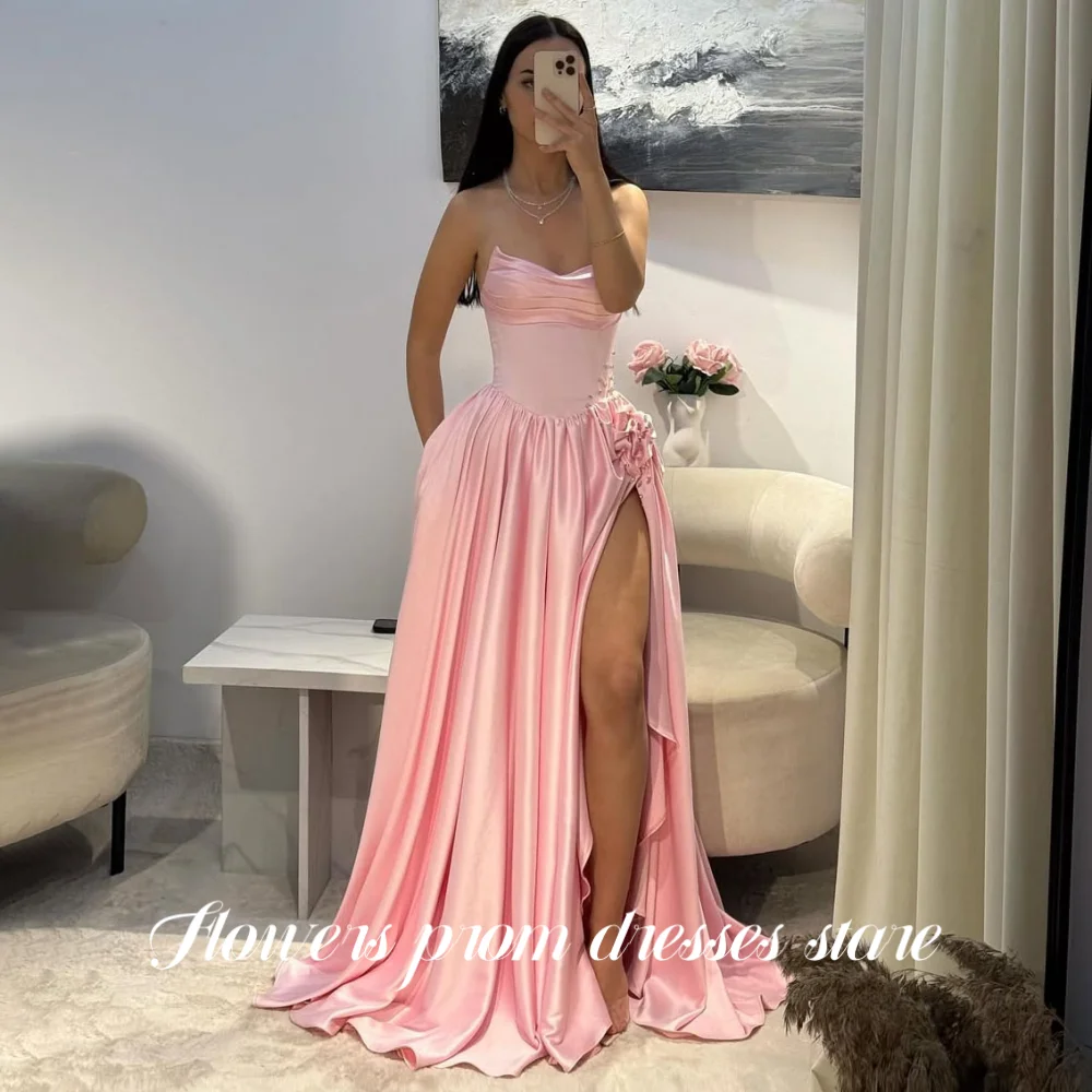 

Flowers Pink Party Dresses A-Line Sleeveless Special Occasion Dress for Women Spilt Side Train فساتين مناسبة رسمية Customized