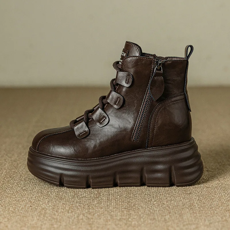 

8cm Retro Synthetic Leather Flats Ankle Booties Winter Plush Boot Ethnic Platform Fashion Sneakers Autumn Women Motorcycle Shoes