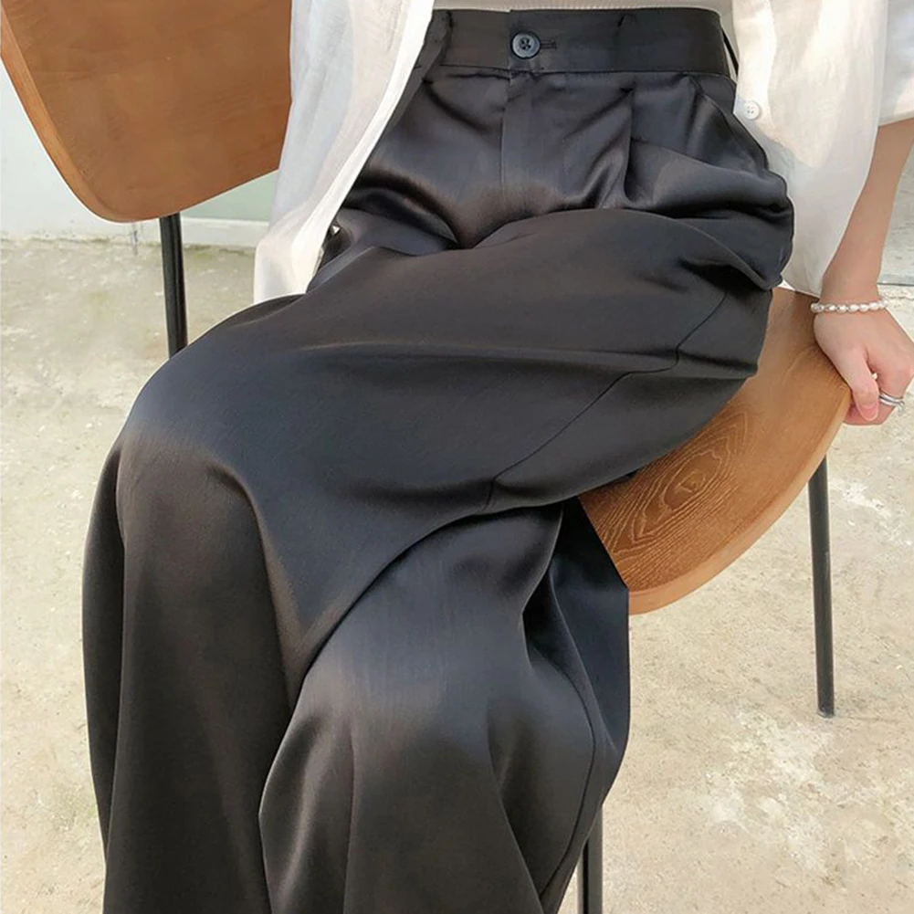 

Acetate Satin Pants Black Trousers Casual Commuting Solid Color Design Straight Leg Style Versatile Wear Casual Pants