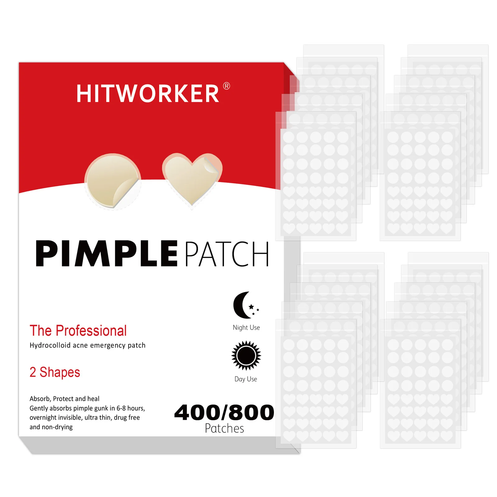 400/800pcs Clear Acne Patches Set - Round & Heart Shape Combo, Hydrocolloid Invisible Cover for Blemishes, Day & Night Use