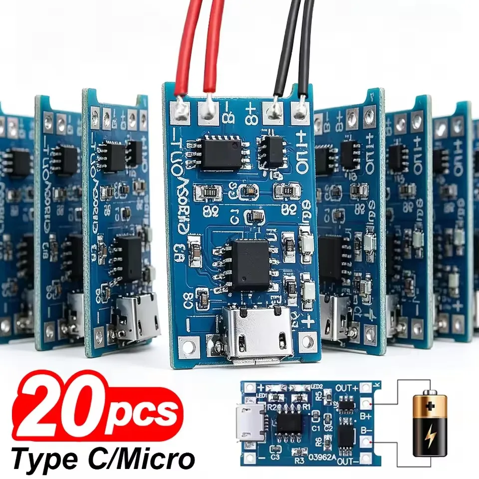 20/1Pcs TP4056 Type-c USB C Micro USB 5V 1A 18650 Lithium Battery Charger Module Charging Board with Dual Protection Functions
