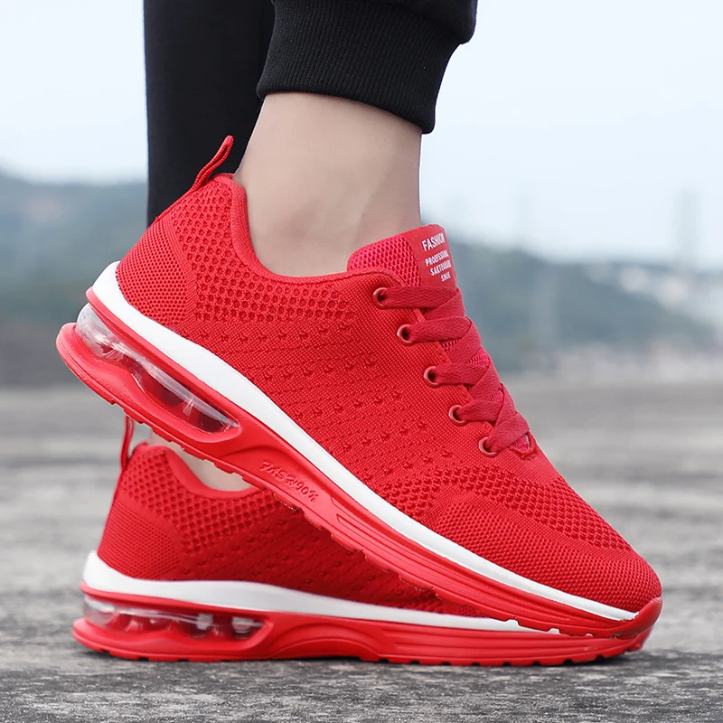 Red Cheap Running Shoes Free Shipping Men Women Breathable Weave Air Cushion Sneakers Size 35-46 Men Light Sports Shoes Trainers