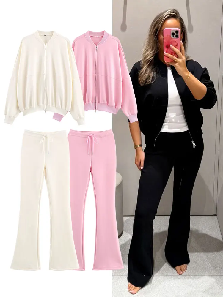 

HH 2025 женский осенний повседневный однотонный костюм с длинными рукавами на молнии куртка-пилот + брюки-клеш с высокой талией на шнурке модный комплект