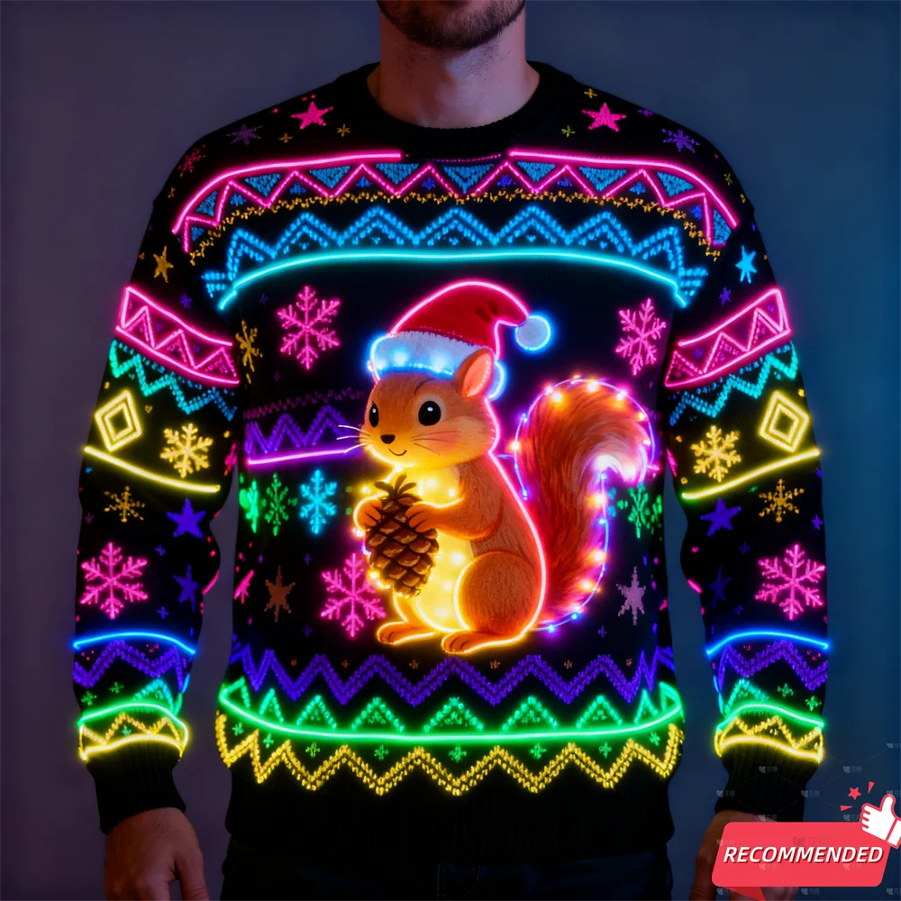 Sweater Natal Lucu 3D Print Motif Tupai Natal, Baju Natal Unisex Model Pullover Tracksuit, Desain Santa Yesus Neon Palsu 2025