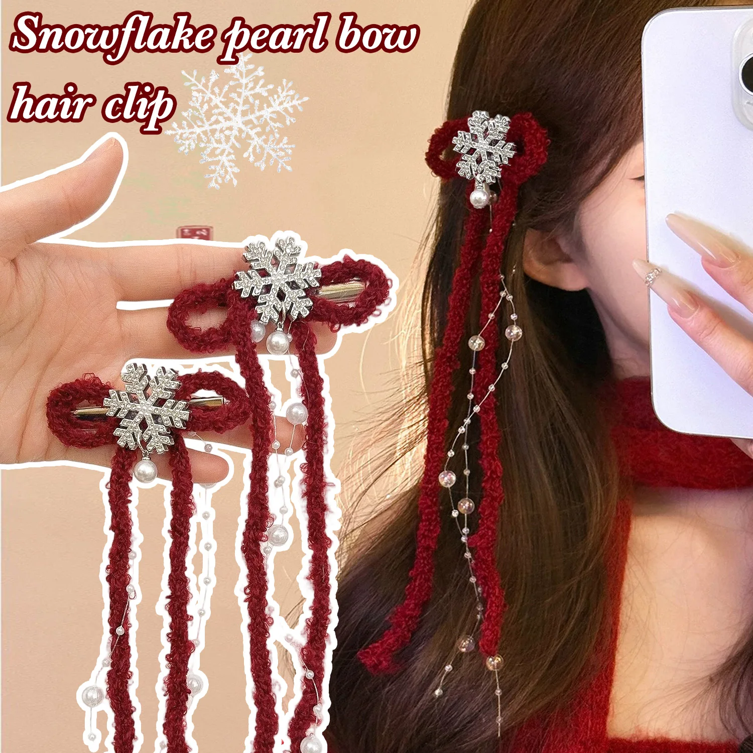 

Sweet Red Snowflake Bowknot Hair Clip Hairpins for Women Girls Long Tassel Bow Side Clip Hair Decor Accessories New Year Gifts