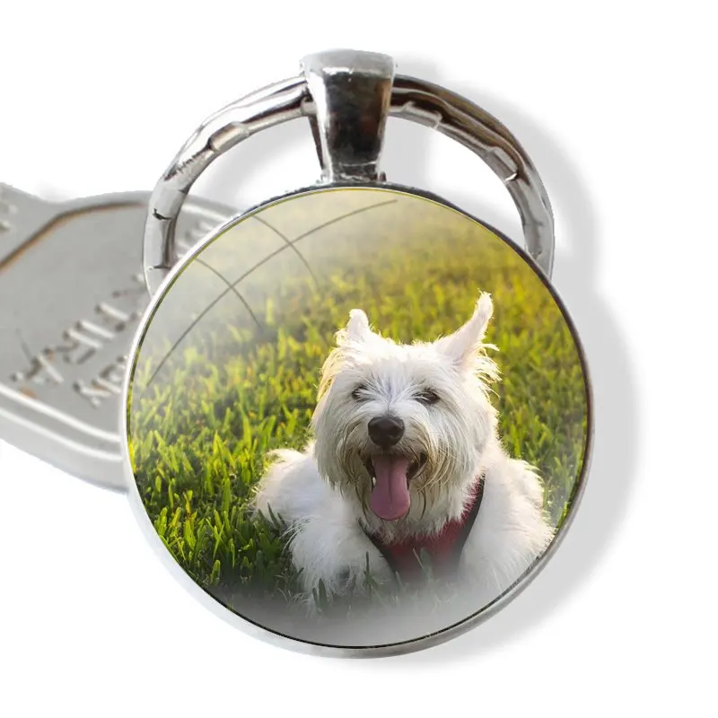 West Highland Terrier Westie Dog Glass Metal Pendant Key Chain Classic Men Women Key Ring Accessories Jewelry Gifts