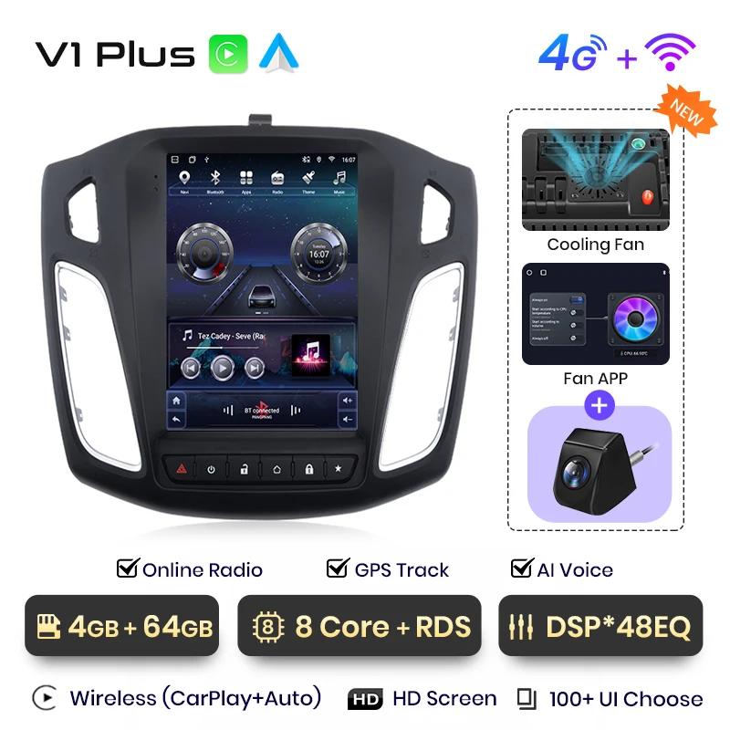 Junsun 9.7 ''Voor Tesla Stijl Draadloze Carplay Android Auto Radio Voor Ford Focus MK3 2012-2017 4G DSP Multimedia Navigatie - afbeelding 1