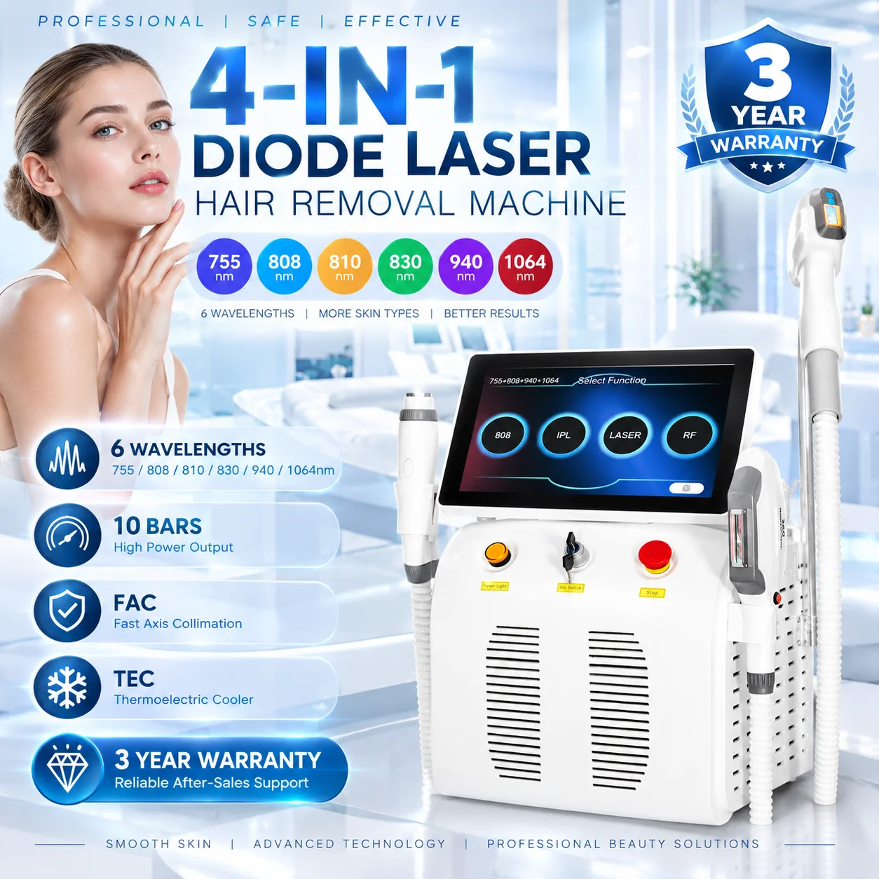 4In1 808 Diode Laser Picosecond Nd Yag RF IPL OPT Machine, Hair Removal Tattoo Removal Carbon Peeling Skin Rejuvenation Beauty