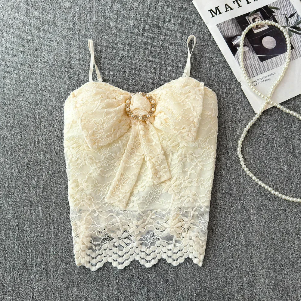 Hotsweet Backless Elegant Sleeveless Vintage Sweet Lace Butterfly Bow Straps Top Beach Vacation High Street Sexy Summer Clothing