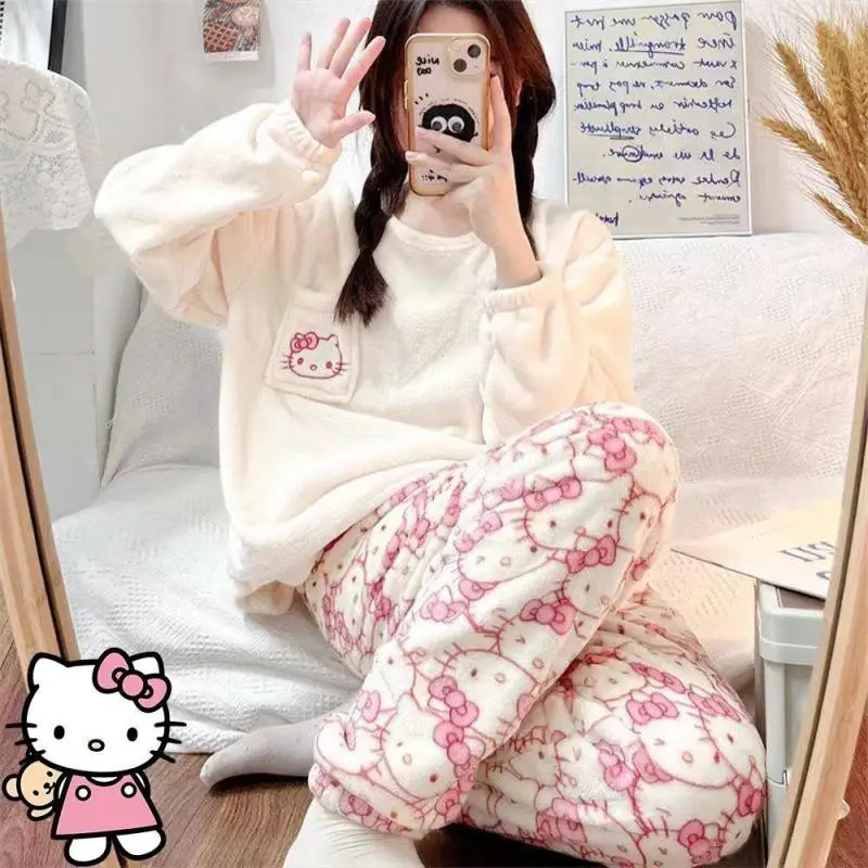 Cute Kuromi Women Plush Pajamas Set Sanrioed Kawaii Hello Kitty Cinnamoroll Autumn Winter Home Clothes New Girl Thicken Cartoon