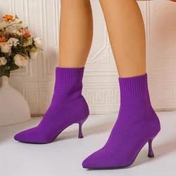 Women Elastic Sock Boots Autumn Winter Stiletto High Heels Knitted Ankle Boots Woman Slip-On Pointed Toe High-heeled