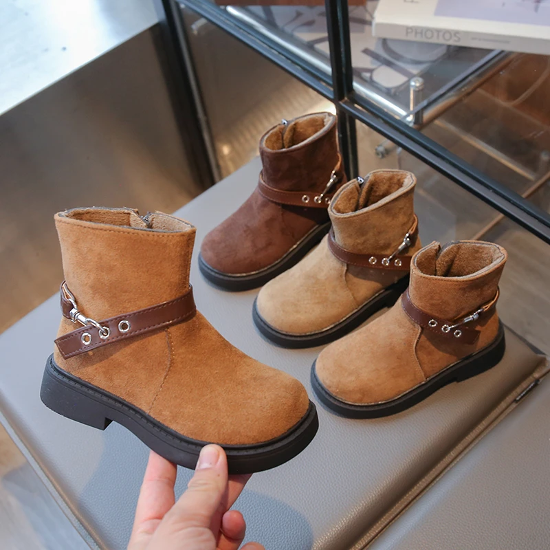 

New Girl's Ankle Boot Winter Solid Color Kids Fashion Outdoor Plush Boots Round-toe Simple Children Causal Leather Cotton Boots