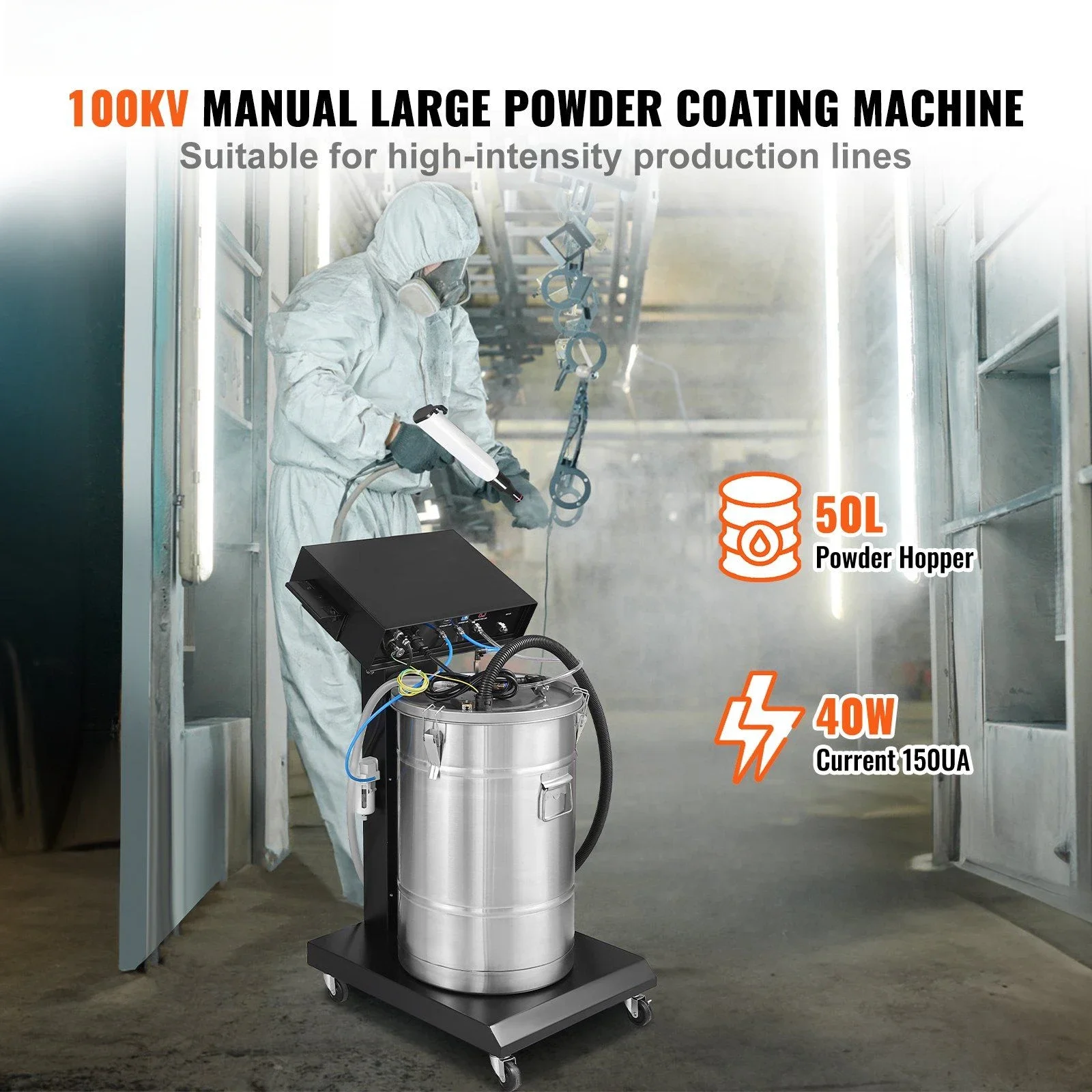 Powder Coating System, 40 W 100KV Electrostatic Output Powder Coating Kit with 50L Powder Hopper, 450g Per Minute Powder