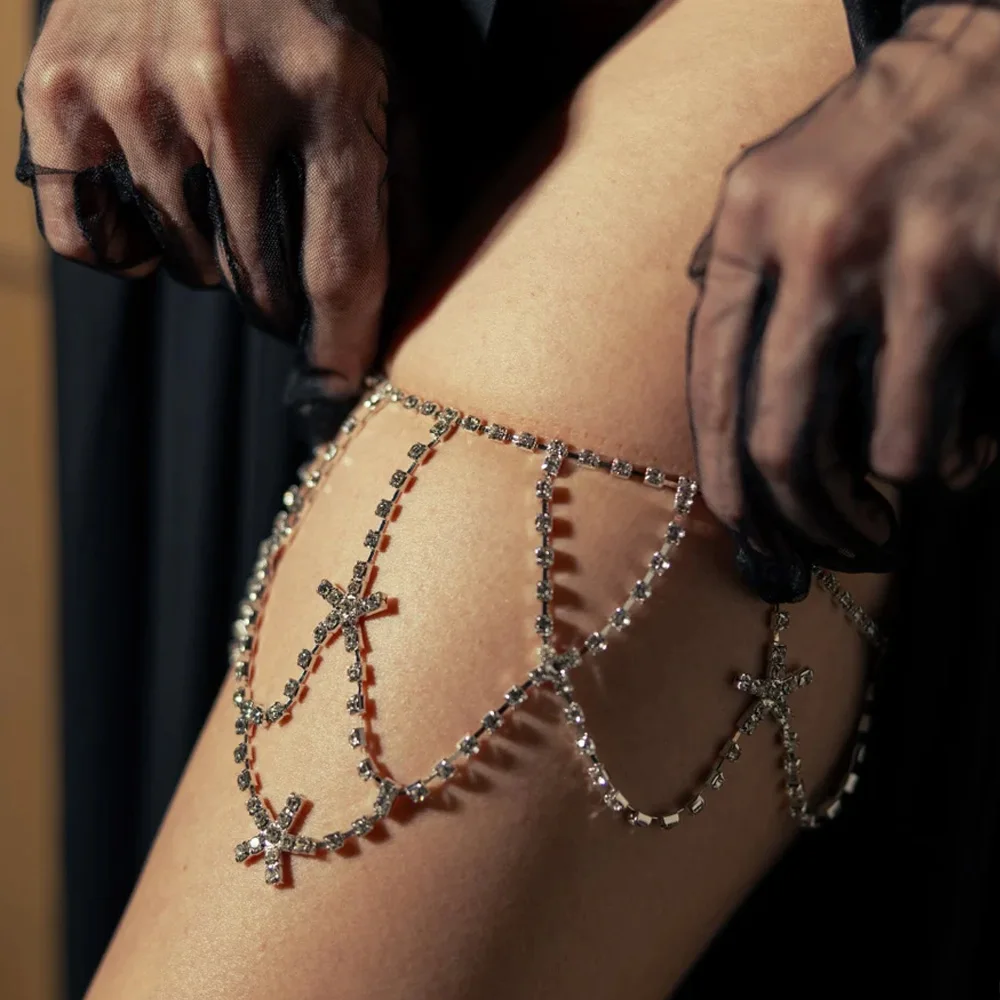 Stonefans-Strass Estrela Cadeia Coxa para Mulheres, Jóias Perna Preta, Corda Elástica, Cadeia Corporal Ajustável, Sexy, 2018
