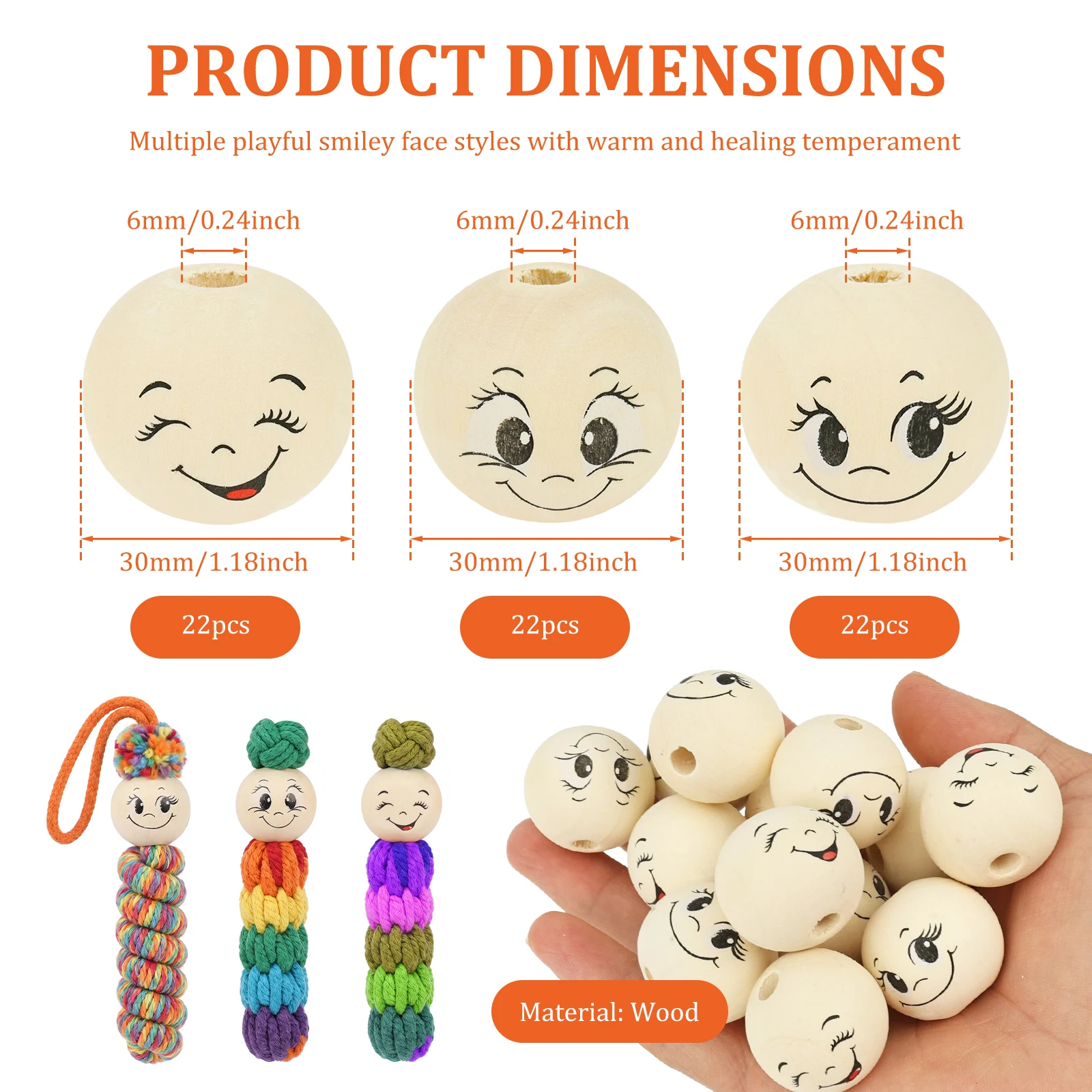 66pcs Smiles Face Wooden Bead Smiling Face Jewelry Making Beads for Crafts Keychains Bracelets Necklace Beaded Accessories