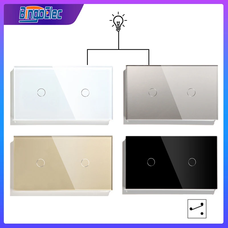 Bingoelec Double Light Switches Touch Sensor Wall Switch Glass 2Gang 2Way Interruptor Switches Dark Blacklight 300W/Gang