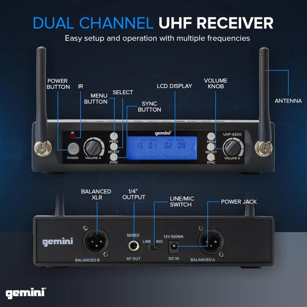 Wireless Handheld Microphone System - Dual UHF Mics, 512-537.5 MHz, Auto-Sync Pairing, 2 XLR Outputs, LCD, 1U Rack Mount - view 5