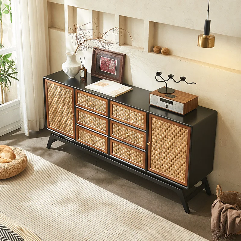 

Medieval wabi-sandy wind solid wood Nordic wind simple storage locker side cabinet hand-woven rattan entrance cabinet