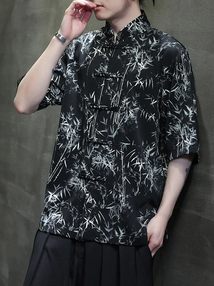 

Новая летняя мужская рубашка с бамбуковым принтом, коротким рукавом, на пуговицах, в китайском стиле, буддийская, повседневная, из тонкой ткани, с охлаждающим эффектом, молодежная, модная.