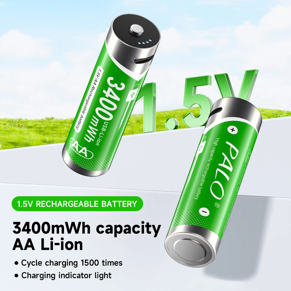 PALO 1.5V AA Rechargeable Battery 3400mWh High capacity Lithium Battery with USB Type-C input for Mouse keyboard toy Microphone