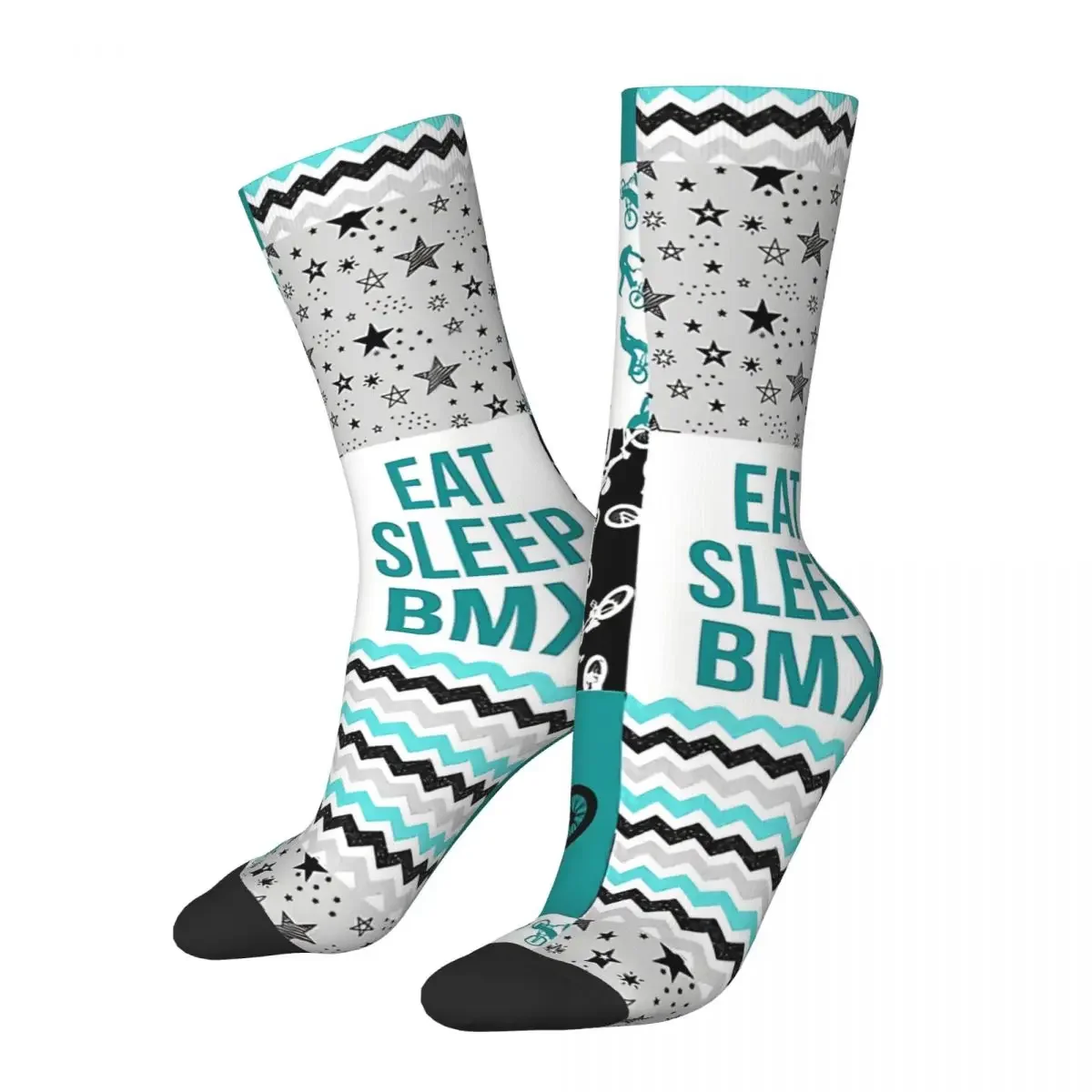 Funny Crazy Sock for Men BMX Eat Sleep Hip Hop Harajuku Bicycle Bike Seamless Pattern Printed Boys Crew Sock Casual Gift