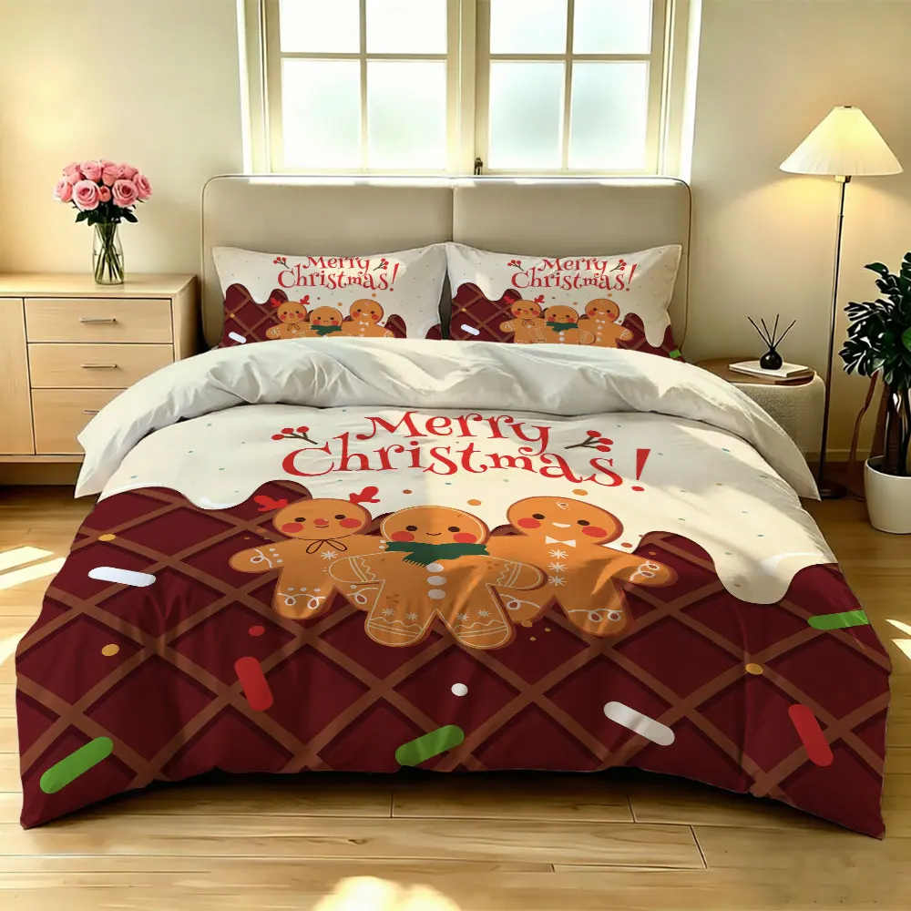 A set of 3 pieces (1 bedspread + 2 pillowcases) featuring a Christmas gingerbread man perfect for home decoration