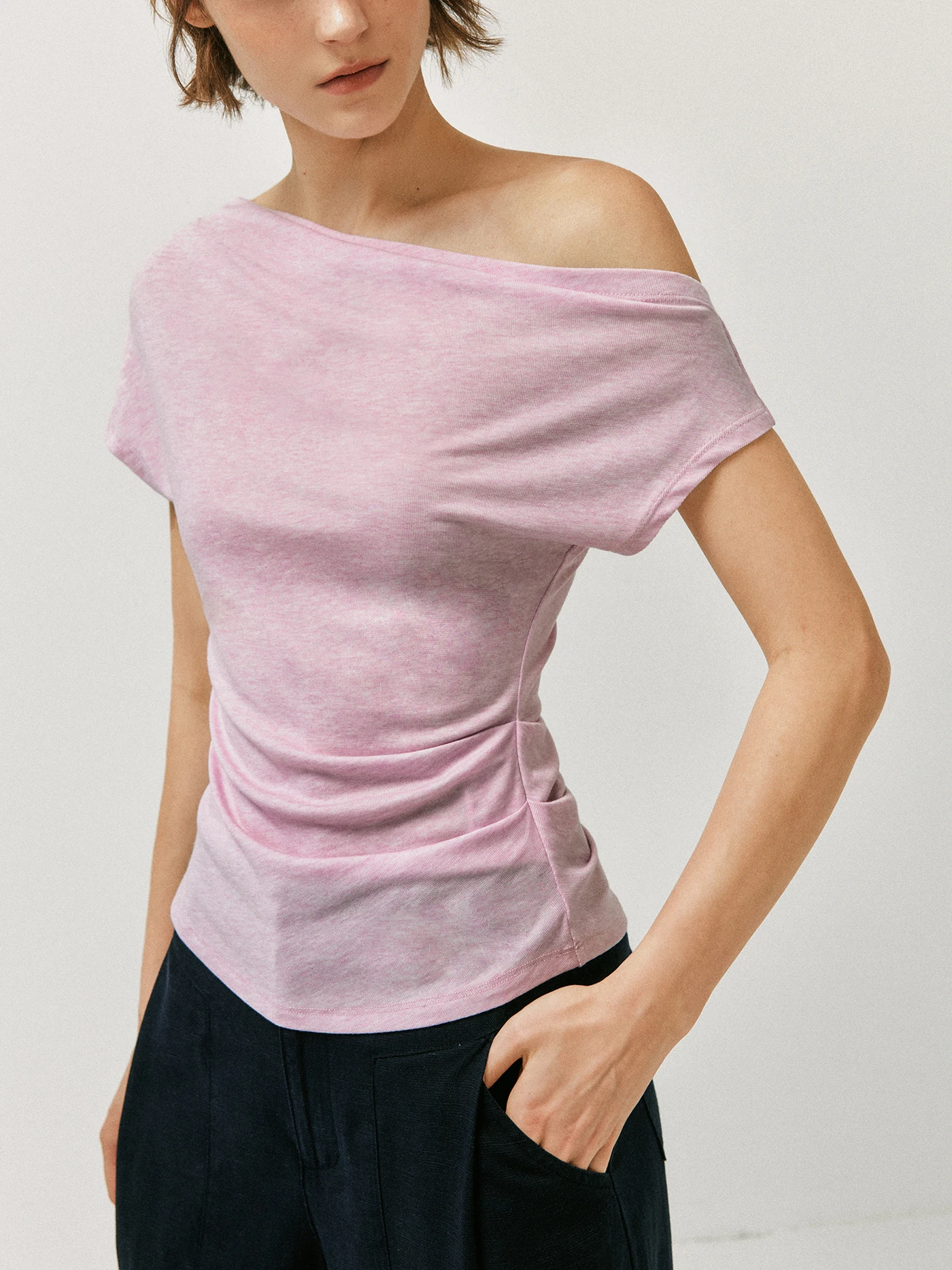 Cloud Feel Ruche Waist Knitted T-Shirt Shoulder Bared One-Shoulder Casual Style Slim Fit Women's Top Lurex Australian Wool
