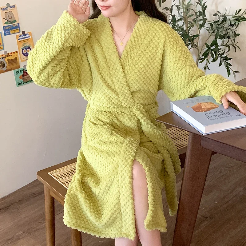 Winter Coral velvet Sleepwear autumn Women solid Bathrobe Ladies Fleece Plush Warm Long Robes Flannel Nightgown Rest Home Wear