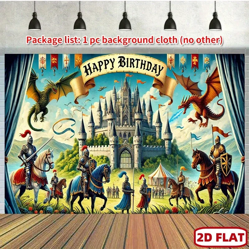 2D flach, 1 Stück mittelalterlicher Ritter-Geburtstagshintergrund – lebendiges Polyester-Partybanner mit Schloss, Drachen- und Ritterdesigns