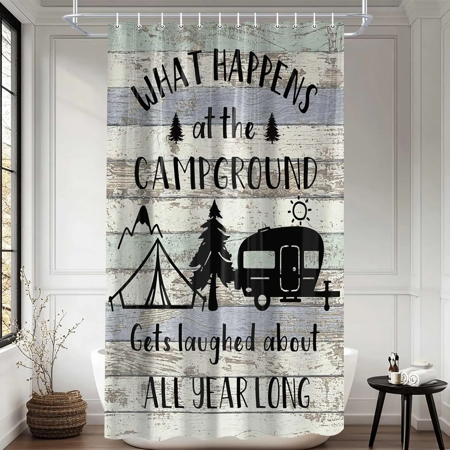 RV Shower Curtain for Bathroom, Retro Rustic Wood Shower Curtain Neutral Camping Themed RV Bathroom Curtains, Waterproof Small