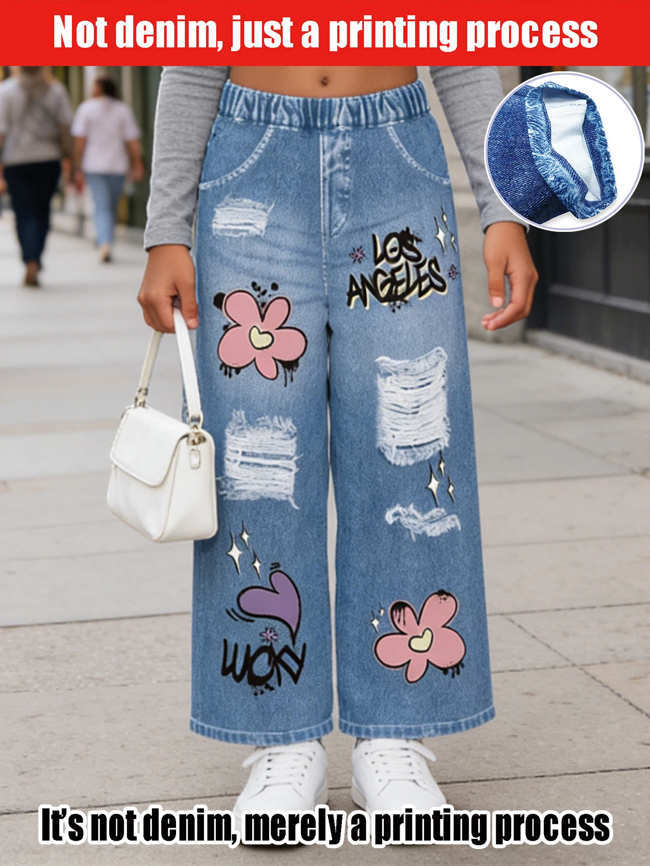 

2026 Children's Sweet and Cool Flower Slogan + Ripped Simulated Jeans Children's Soft and Cute Street and Girl's Vitality Pants
