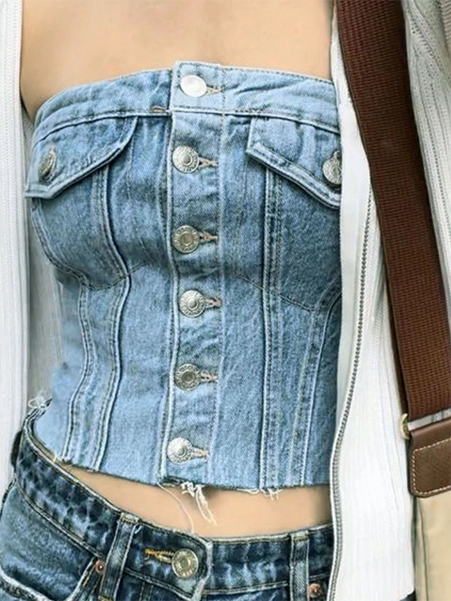 Women y2k Denim Corset Crop Top Vest Aesthetic Backless Off Shoulder Strapless Tube Top Sexy Button Up Jeans Tank Top Streetwear