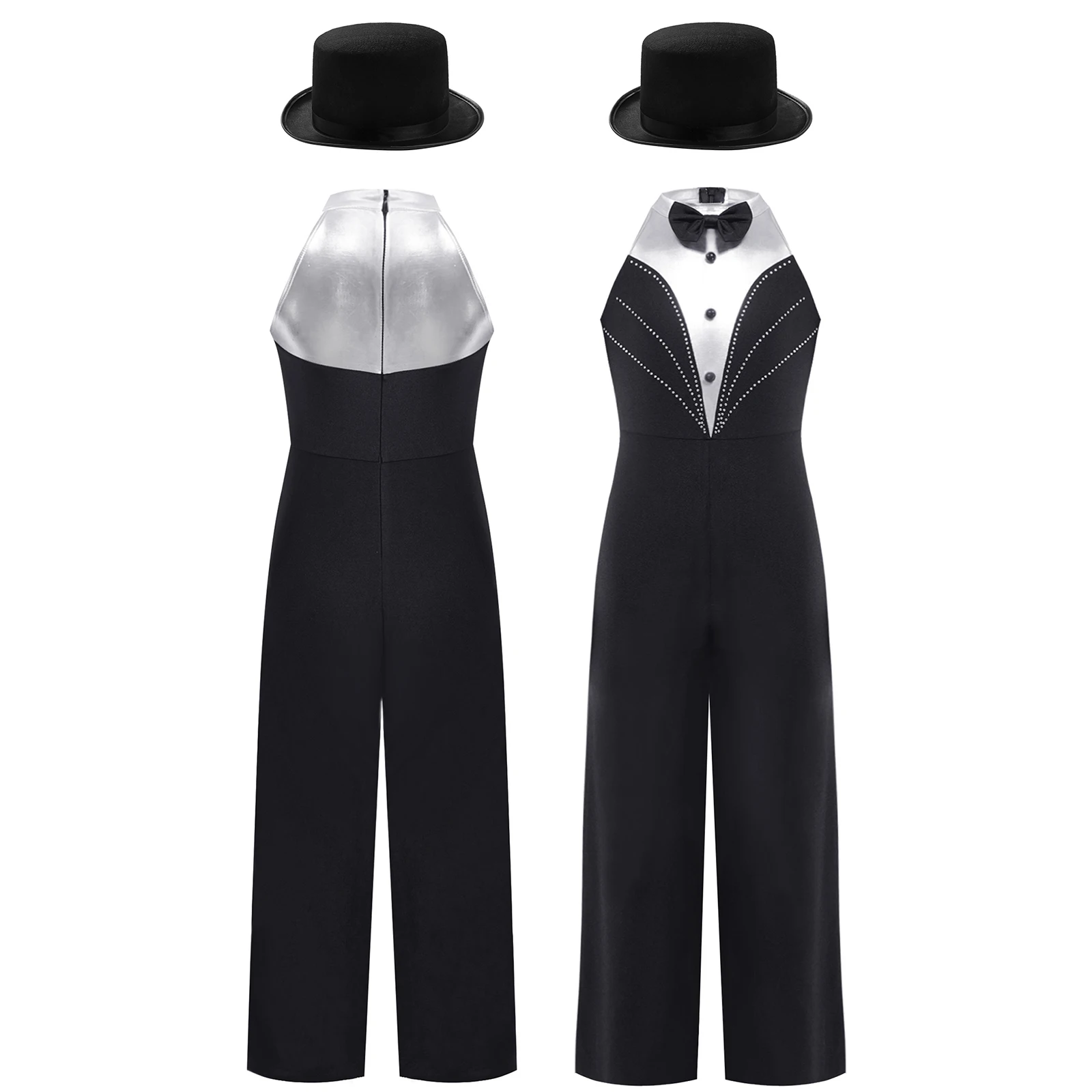 Kids Girls Magic Show Performance Costumes Bow Tie Tuxedo Jumpsuit Jazz Dance Stage Outfit Teens Metallic Sleeveless Bodysuit