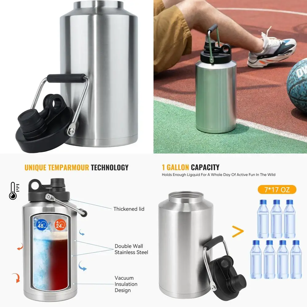 

Stainless Steel Insulated Jug, 1 Gallon, Double-Walled for Hot & Cold Beverages, Wide Mouth, Ideal for Travel and Camping