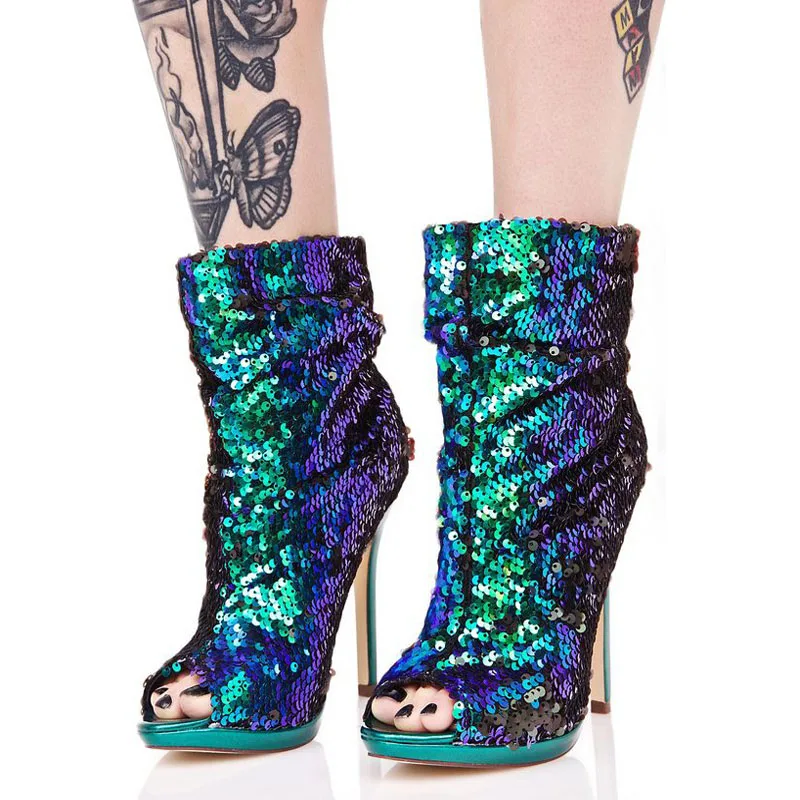 

Bling bling peacock green sequins peep toe Ankle Boots Thin High heels Women Sexy Glitter Stage Show Bottines Shoes