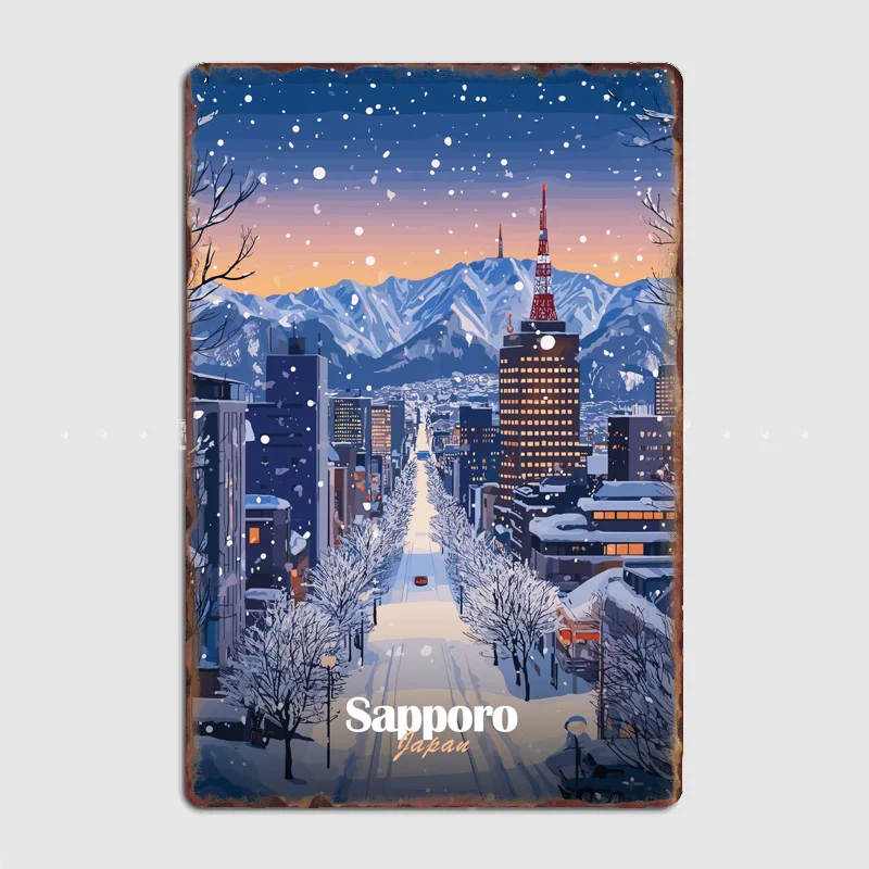 Snowy Sapporo paisaje urbano viaje de invierno cartel de punto escénico cartel de Metal garaje Club estaño personalizado interior decoración de pared del hogar decoración de la habitación