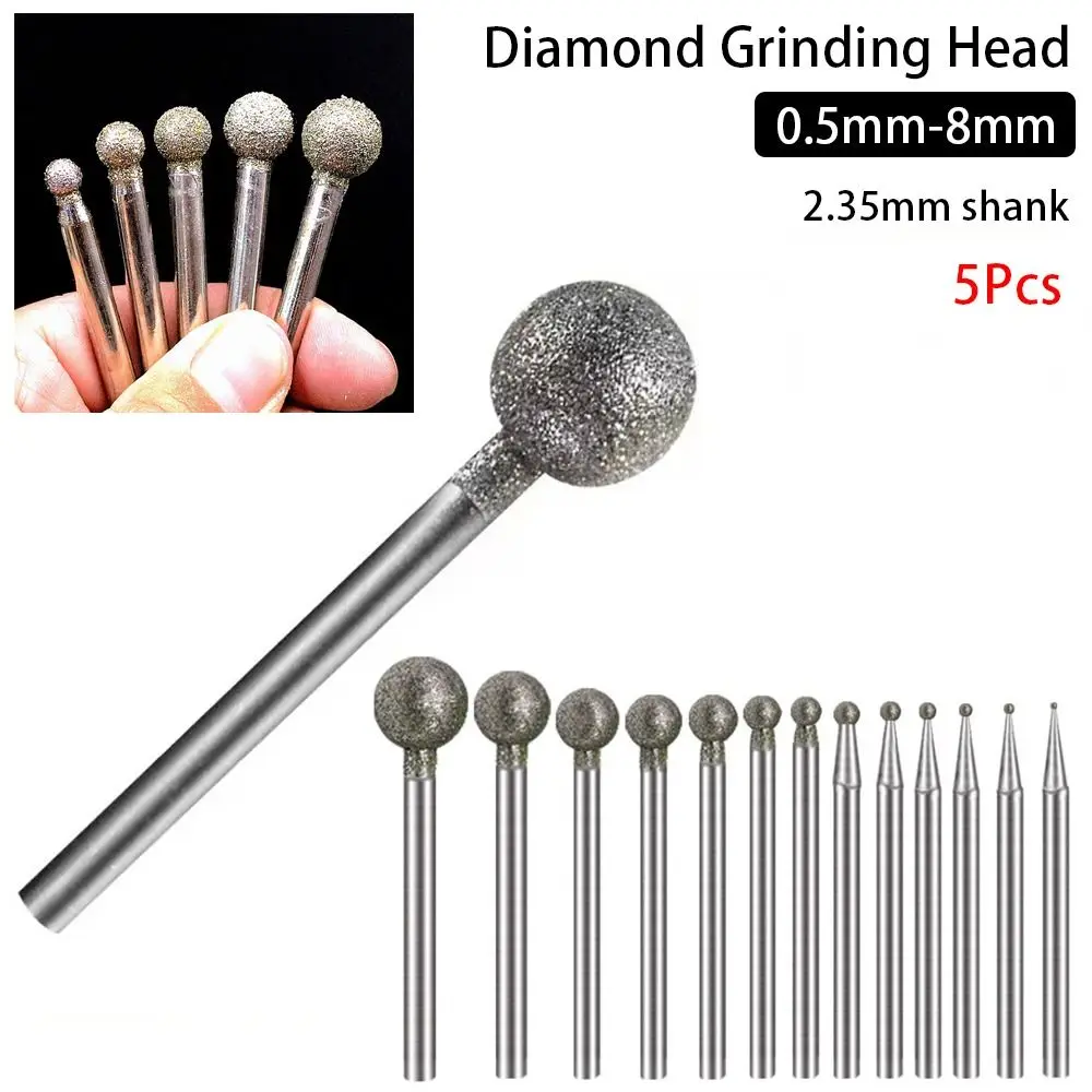 

5Pcs Carve Precision Diamond Grinding Head 0.5mm-8mm 2.35mm Shank Electric Grinder Parts Carving Tool Round
