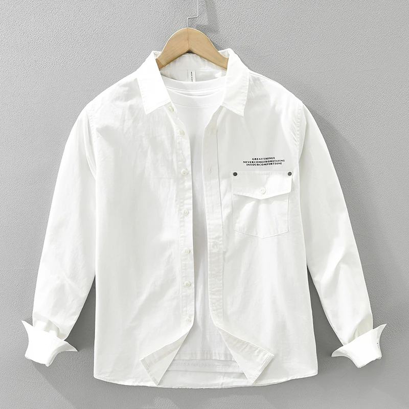 

2026, весенне-осенняя новая повседневная рубашка из 100% хлопка с длинными рукавами и буквенным принтом для мужчин, универсальная одежда с отложным воротником
