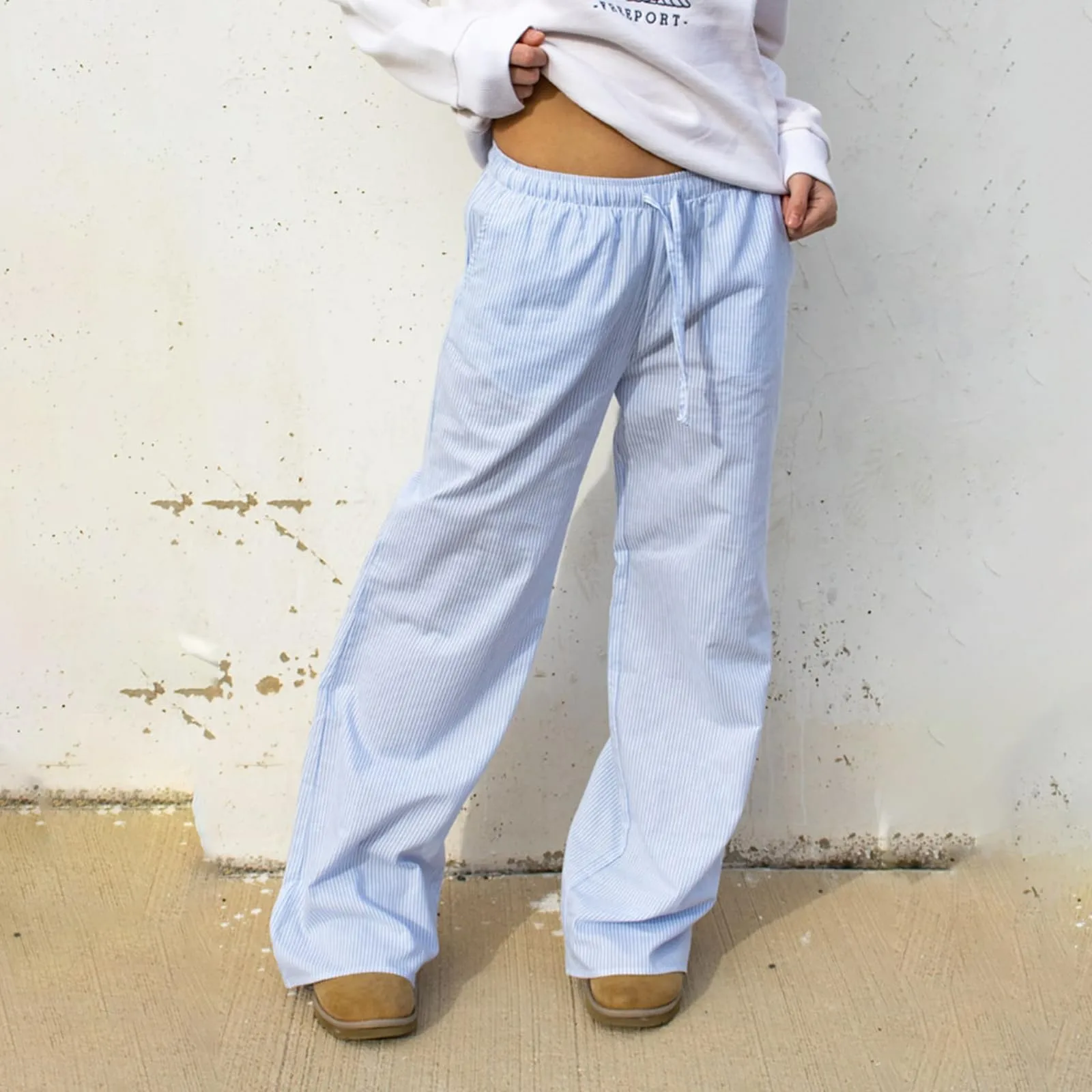 

Wide Leg Striped Pants For Women 2024 Fashion Elastic Drawstring High Waist Pant Streetwear Oversized Trousers Loose Casual Pant