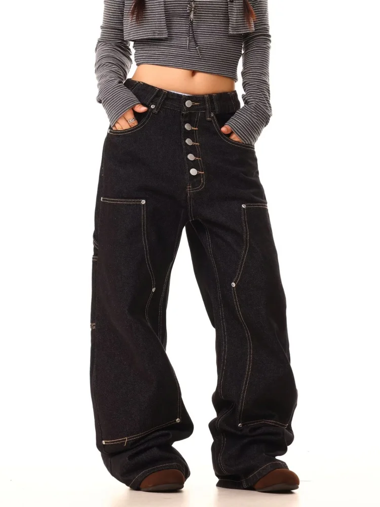 2025 pantalones vaqueros Cargo holgados negros estilo Retro americano Y2K para mujer, ropa para mujer, pantalones vaqueros rectos de algodón