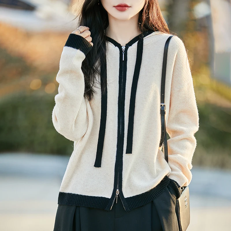 New 100% cashmere cardigan women's double zipper color matching loose hooded sweater temperament knitted coat Joker casual.