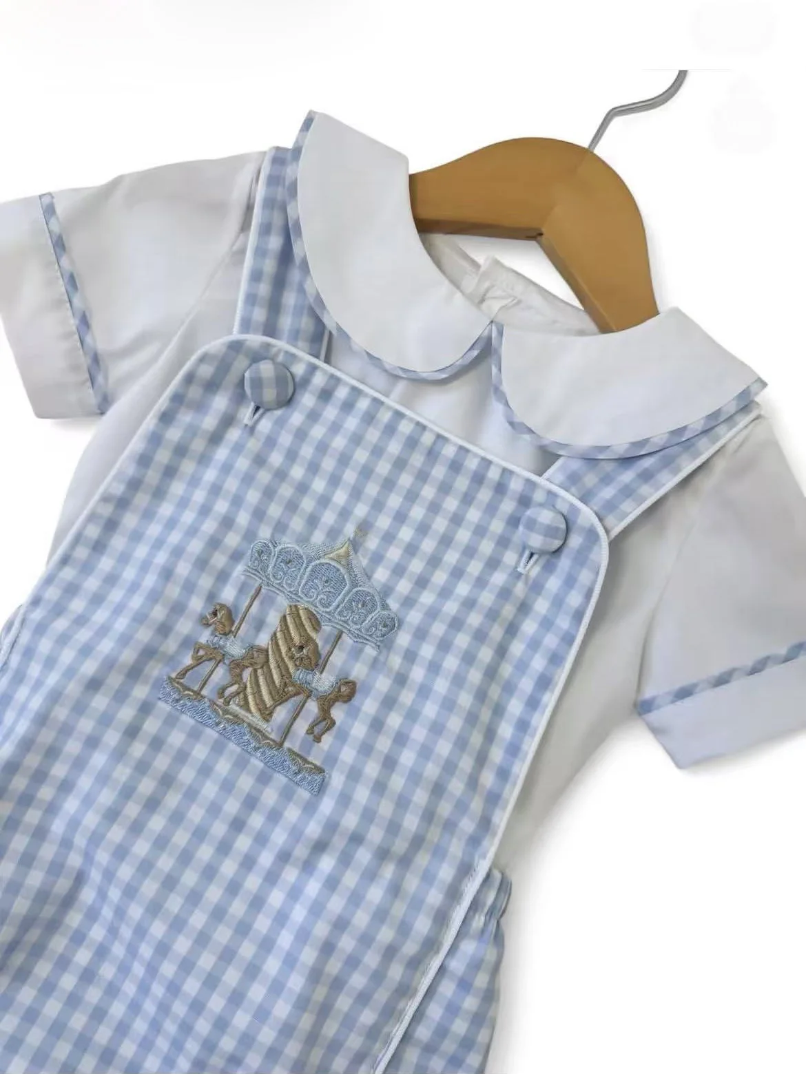 0-6Y Baby Girl Summer Embroidery Light Blue White Outfit Plaid Suit for Birthday Holiday Photography  B556
