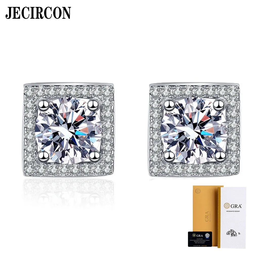 

JECIRCON D Color 1 Carat Square Moissanite Stud Earrings for Women Fashion Square Bag Full Diamonds 925 Sterling Silver Jewelry