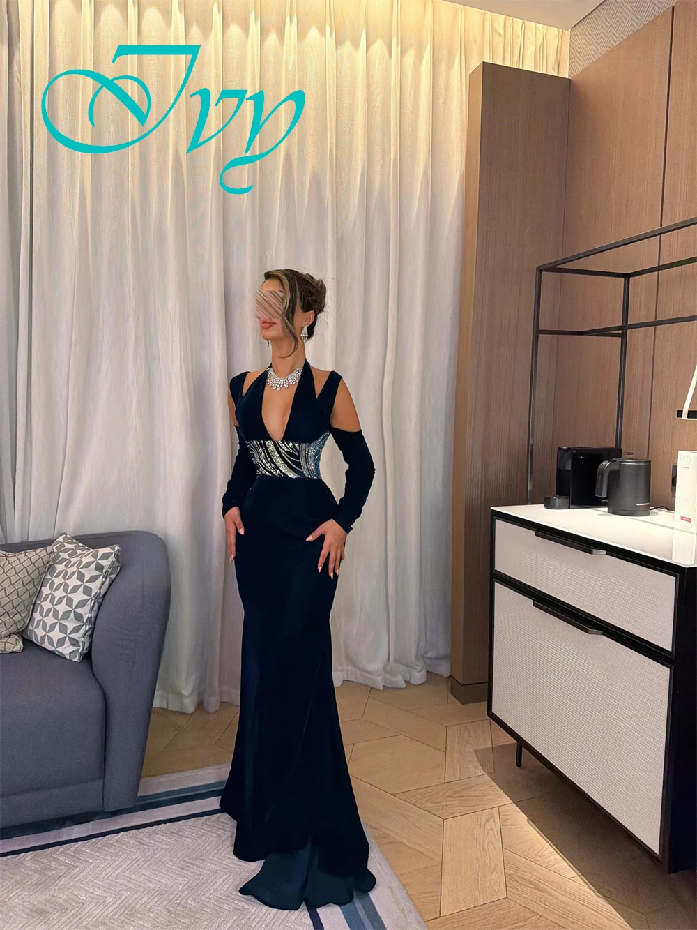 Robe de soirée sirène de luxe personnalisée, manches longues scintillantes, robes de bal de haute qualité, col licou, robes d'occasion spéciale