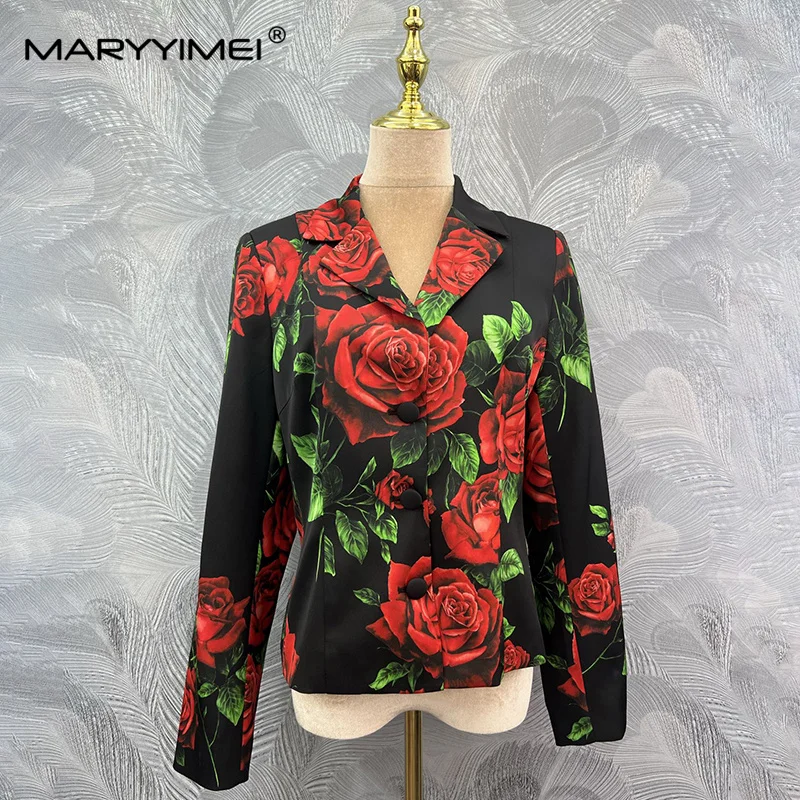 MARYYIMEI Casual Printed Silk Jacket Lapel Long Sleeve Single Breasted Jacket 2026 Autumn Fashion Women's New Style