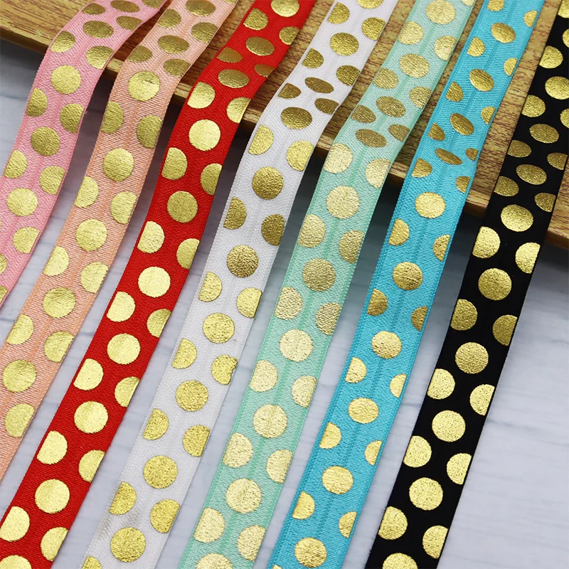 

5/8" 15mm Laser Rainbow Hologram Foil Gold Foil Big Polka Dots Printed FOE Band Fold Over Elastic Ribbon For Sewing Accessories