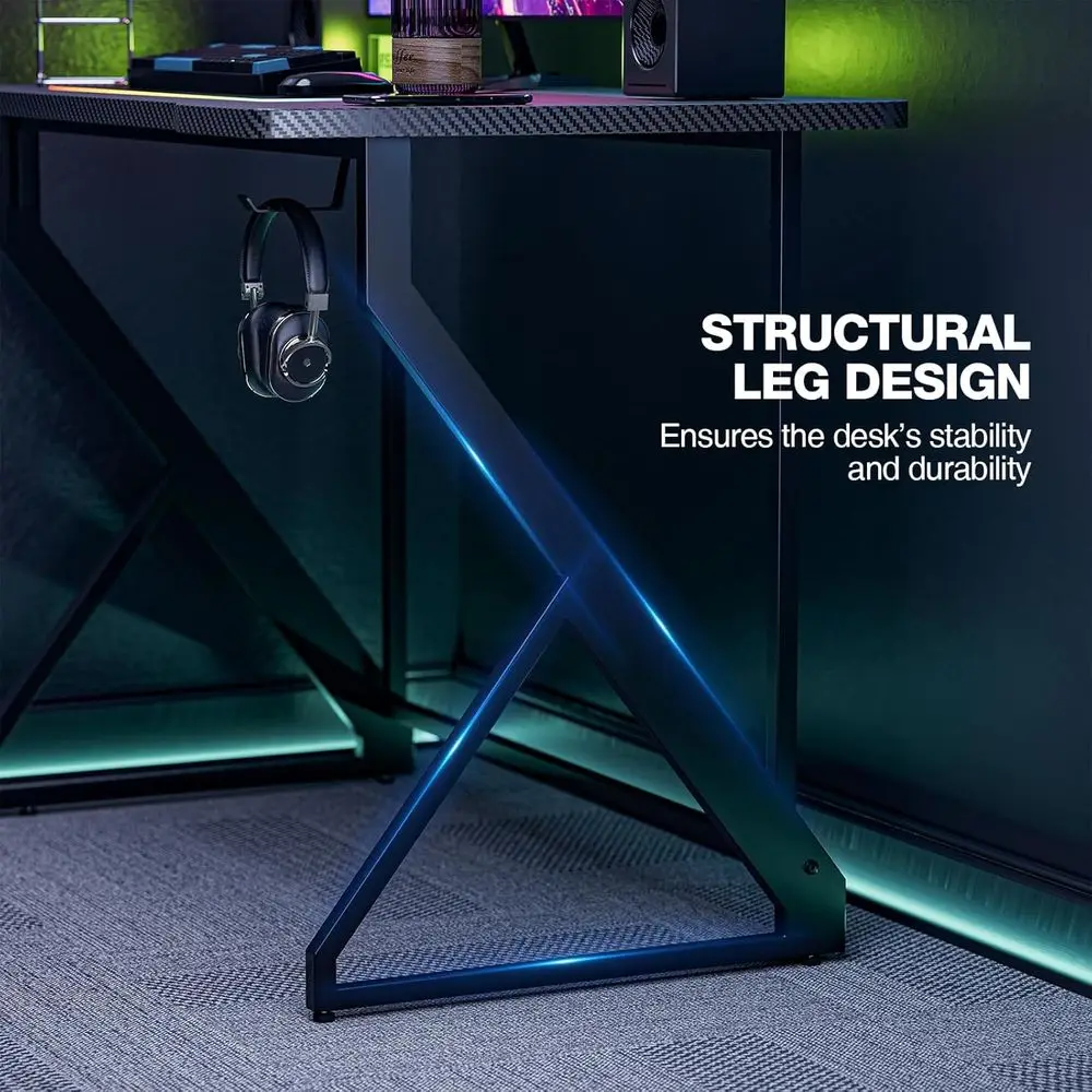 مكتب ألعاب من ألياف الكربون 40 على شكل حرف Z مع خطاف لسماعة الرأس لألعاب الكمبيوتر ومحطة العمل #6